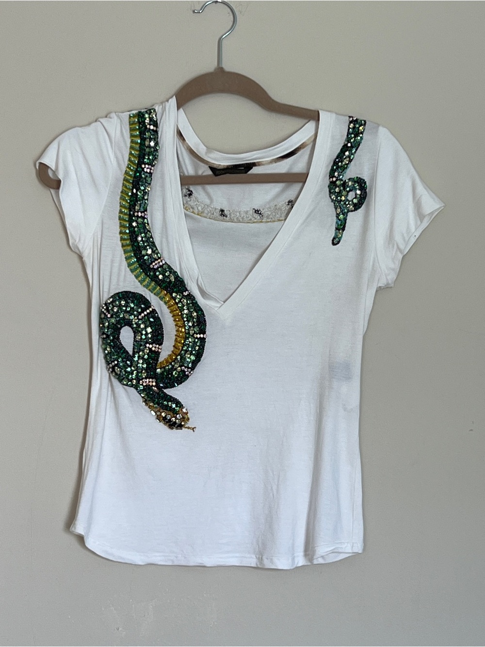 Roberto Cavalli Archival White Tee Beaded Sequin Serpent embroidered Tshirt Sz S - Picture 1 of 9